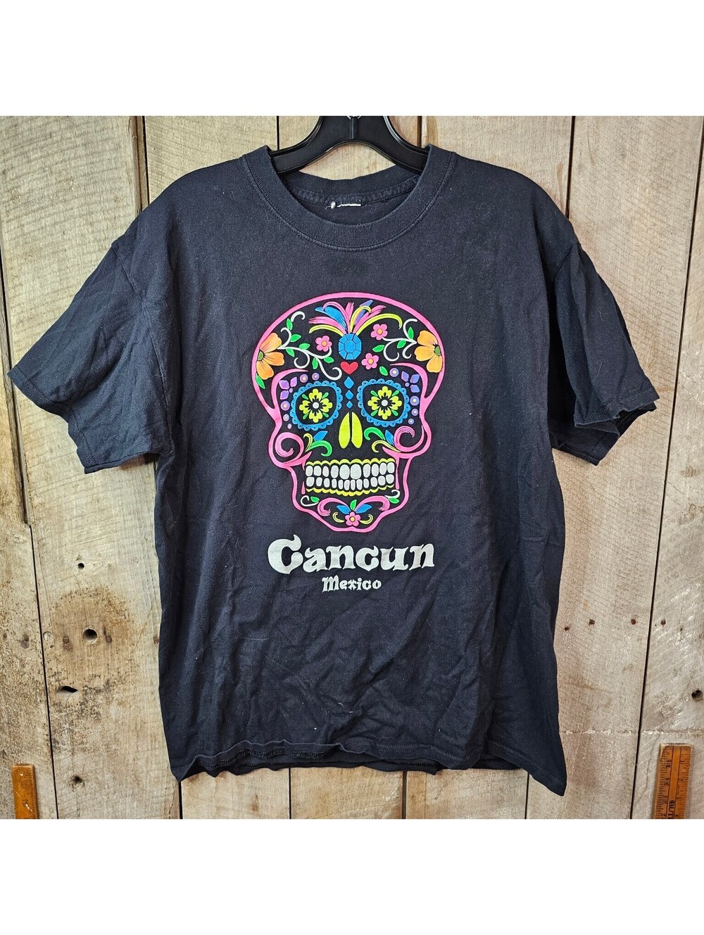 Cancun Mexico Sugar Skull T-Shirt Day of the Dead Folk Art Black Tee Adult Size